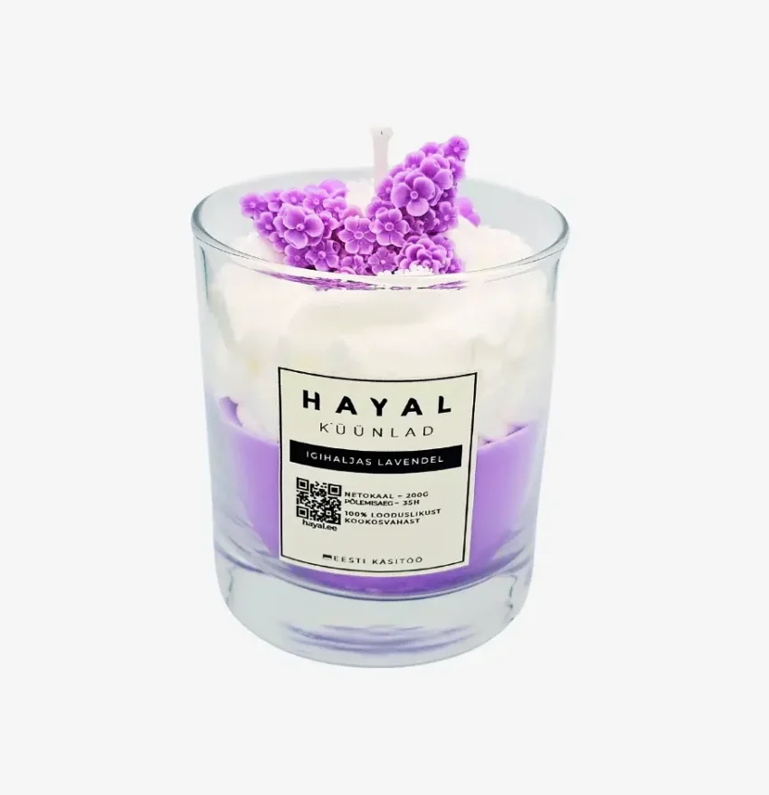 tekstuurküünal igihaljas lavendel Dessertküünal lavendli aroomiga